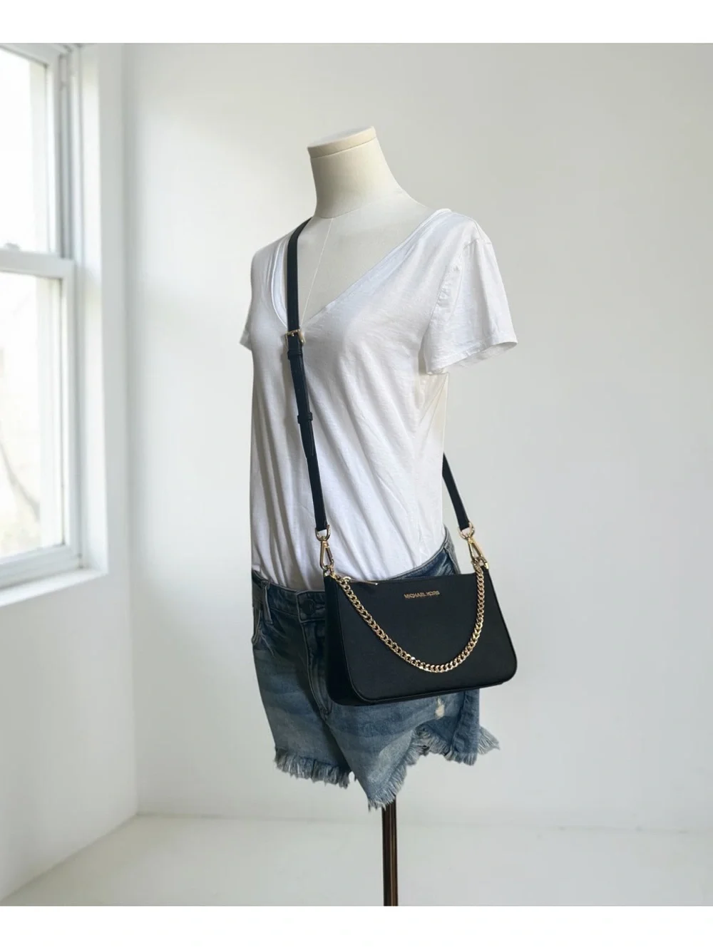 Michael Kors Black Saffiano Leather Convertible Crossbody with Gold Chain